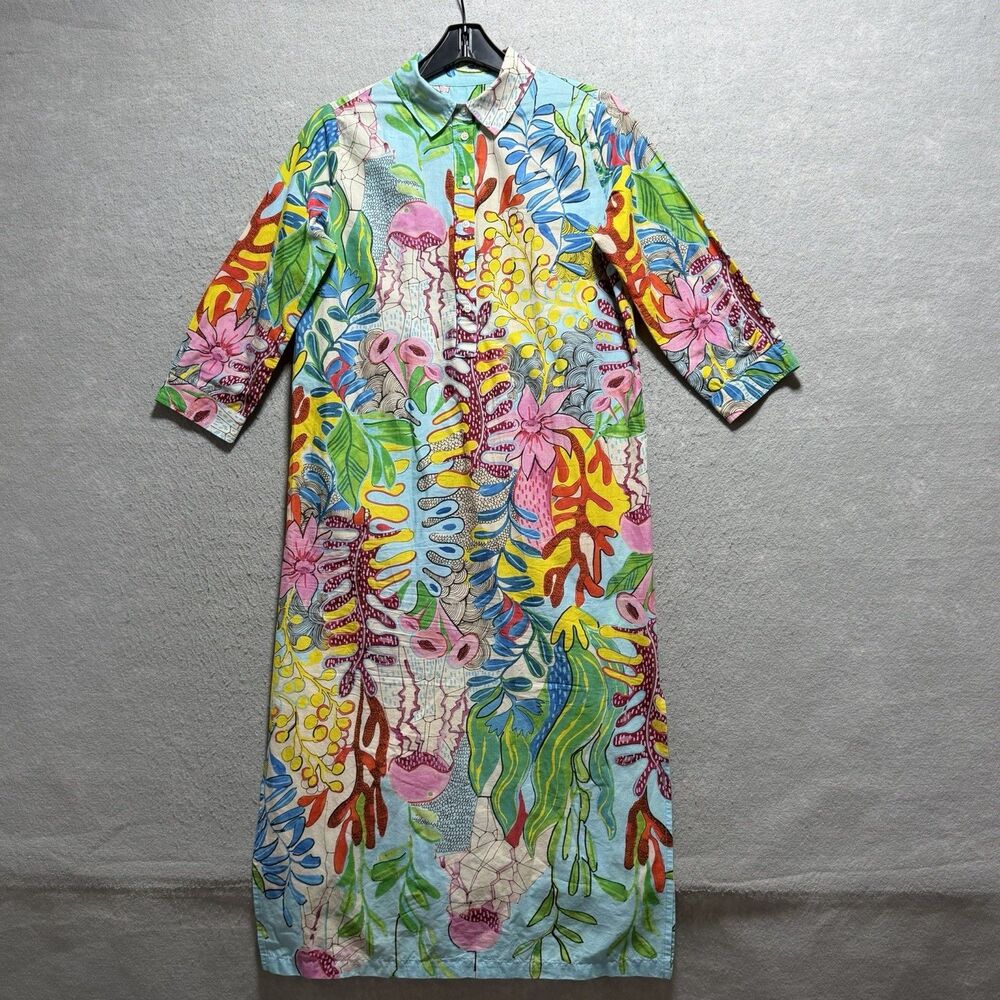 Vilagallo Belize Blue Coral Print Tunic Dress Women’s Size 8 Floral Tropical